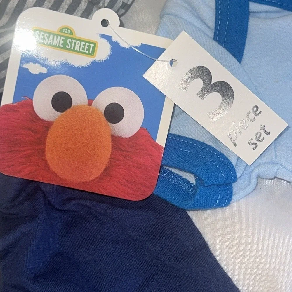 Sesame Street Baby Boy 3 Piece Set Elmo Cookie Monster Gray Navy Blue 6-9 Months